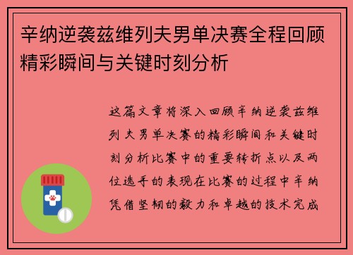 辛纳逆袭兹维列夫男单决赛全程回顾精彩瞬间与关键时刻分析